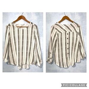 Blu Pepper White & Gray Striped Button Back Long Sleeve Casual Blouse NWT Small